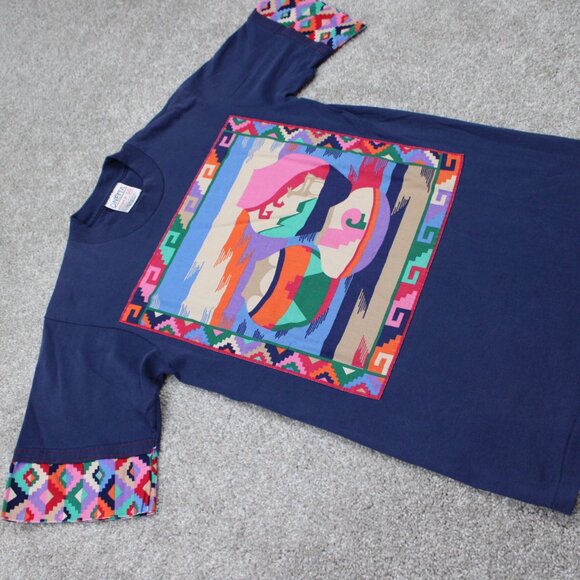 Vintage Oneita Power/50 Shirt Mens Medium Blue Aztec Southwest Tribal S/S - Picture 6 of 13